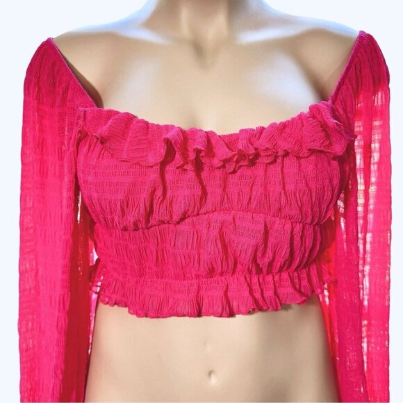 Frilly Romantic Fuchsia Crop Top Women Small Bishop Sleeve Textured Off Shoulder - Picture 9 of 16
